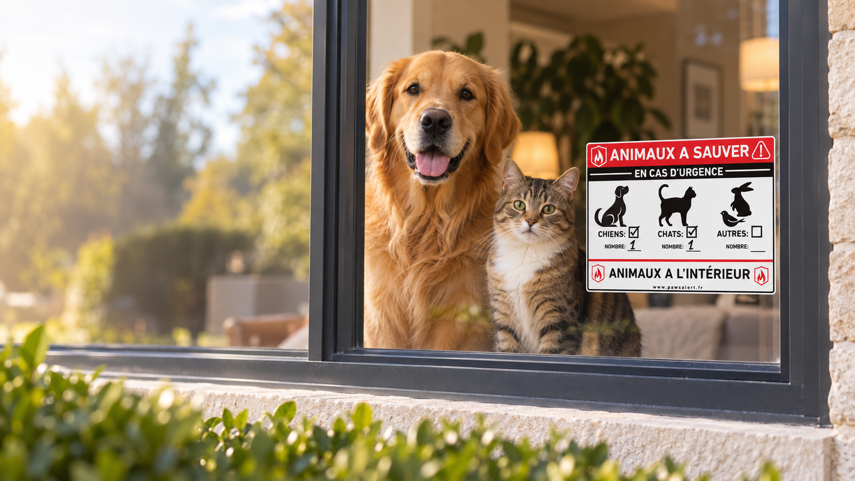 Un chien et un chat derrière une fenêtre équipée d'un autocollant PawsAlert